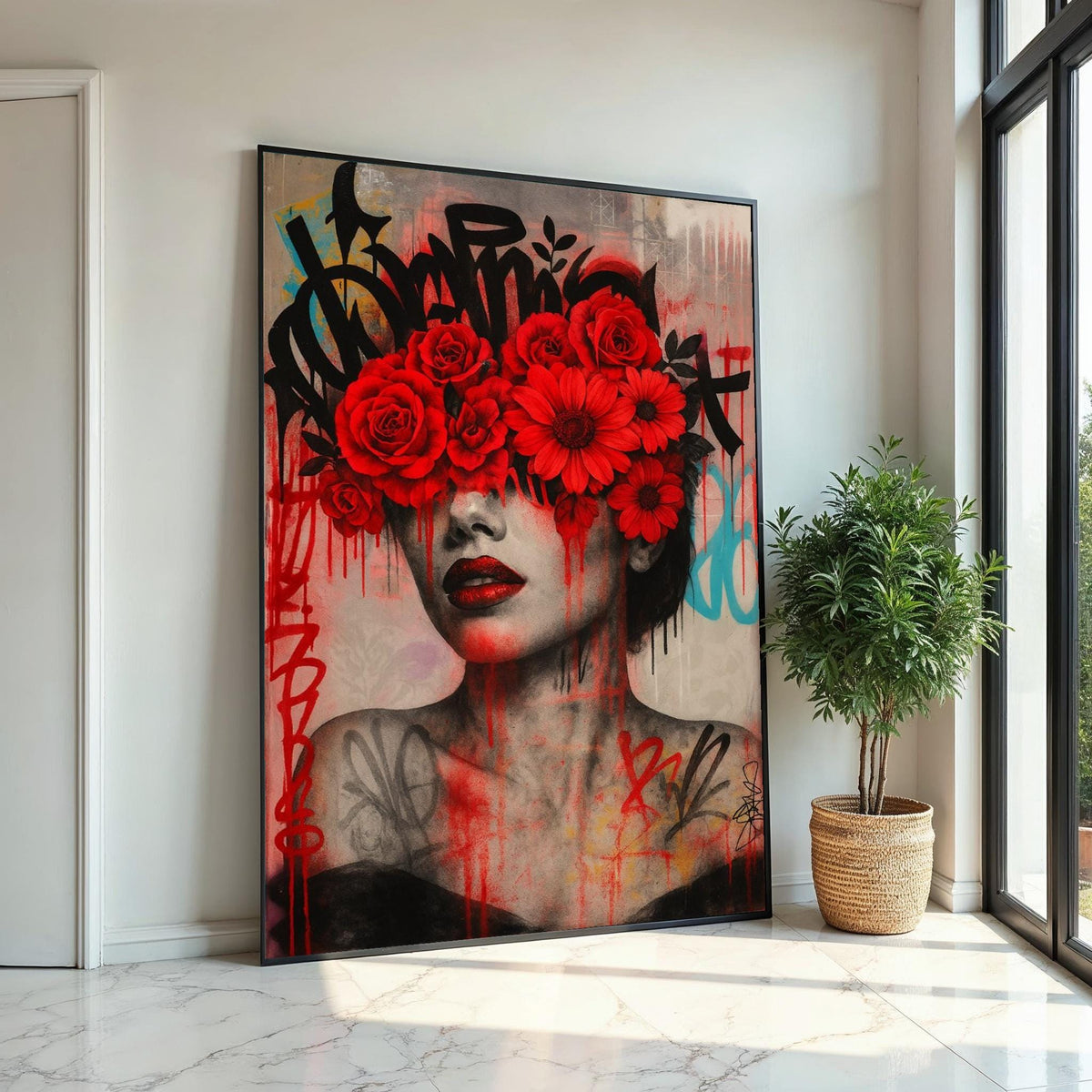 Floral Vision, Red Flowers Graffiti Art, Modern Wall Art, Portrait Canvas, Street Art Canvas Design, Ready To Hang Decoration