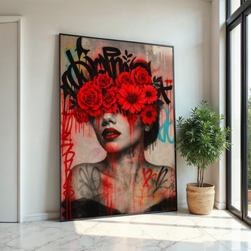 Floral Vision, Red Flowers Graffiti Art, Modern Wall Art, Portrait Canvas, Street Art Canvas Design, Ready To Hang Decoration