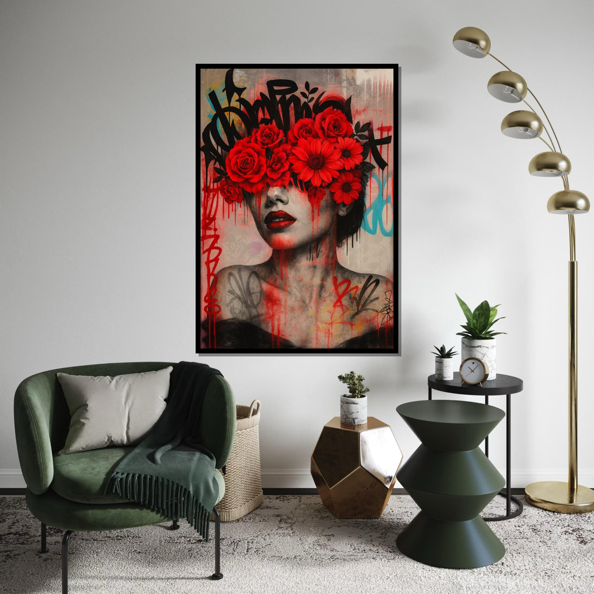 Floral Vision, Red Flowers Graffiti Art, Modern Wall Art, Portrait Canvas, Street Art Canvas Design, Ready To Hang Decoration