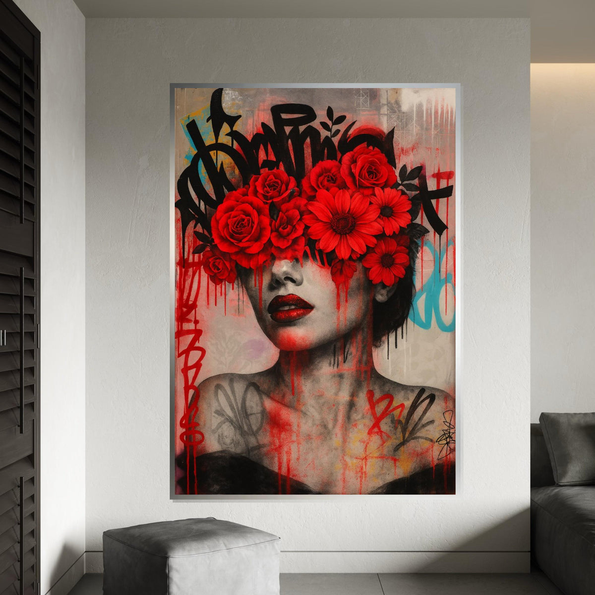 Floral Vision, Red Flowers Graffiti Art, Modern Wall Art, Portrait Canvas, Street Art Canvas Design, Ready To Hang Decoration