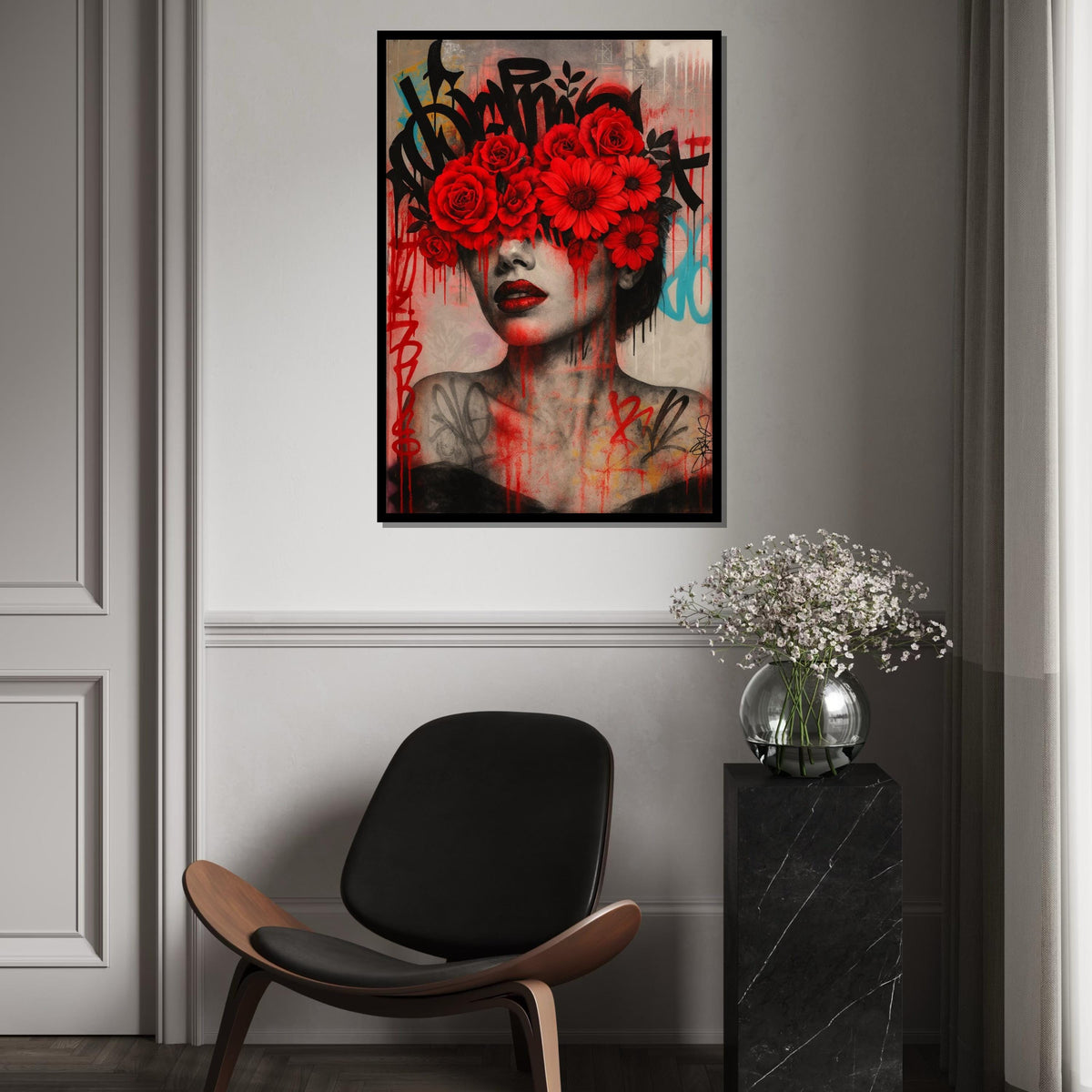 Floral Vision, Red Flowers Graffiti Art, Modern Wall Art, Portrait Canvas, Street Art Canvas Design, Ready To Hang Decoration