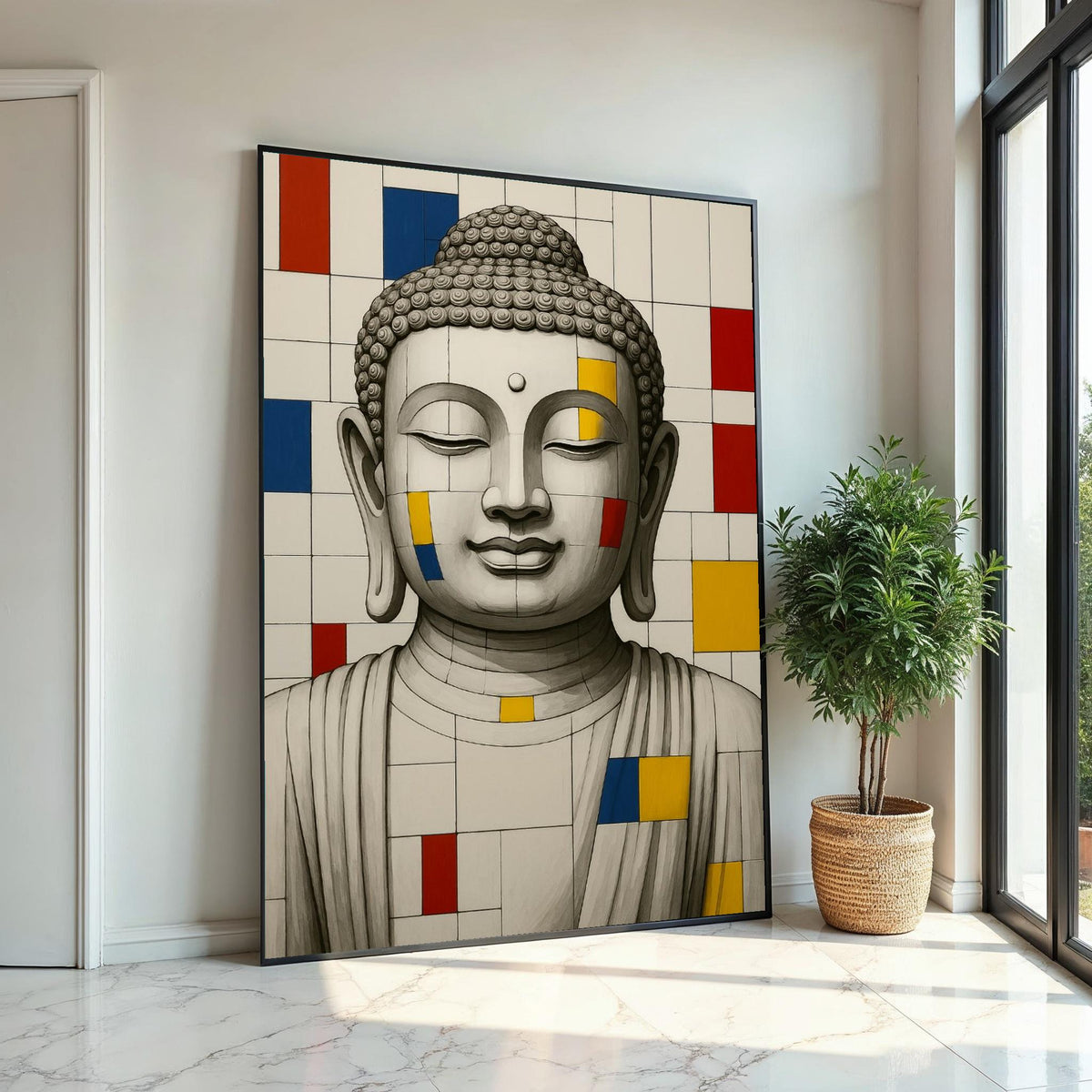 Buddha Canvas Art, Mondrian Style Buddha, Color Block Art, Wall Art Canvas Design, Zen Decor, Ready To Hang Decoration