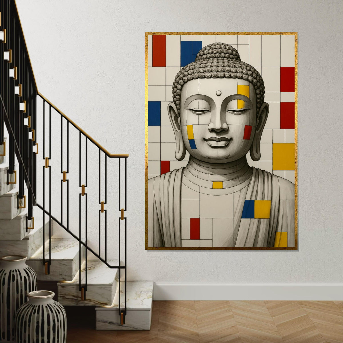 Buddha Canvas Art, Mondrian Style Buddha, Color Block Art, Wall Art Canvas Design, Zen Decor, Ready To Hang Decoration