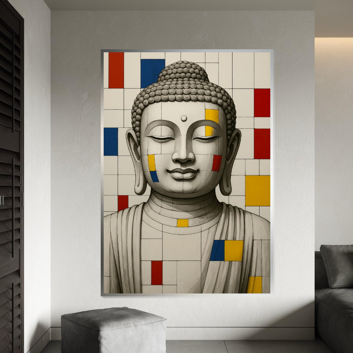 Buddha Canvas Art, Mondrian Style Buddha, Color Block Art, Wall Art Canvas Design, Zen Decor, Ready To Hang Decoration