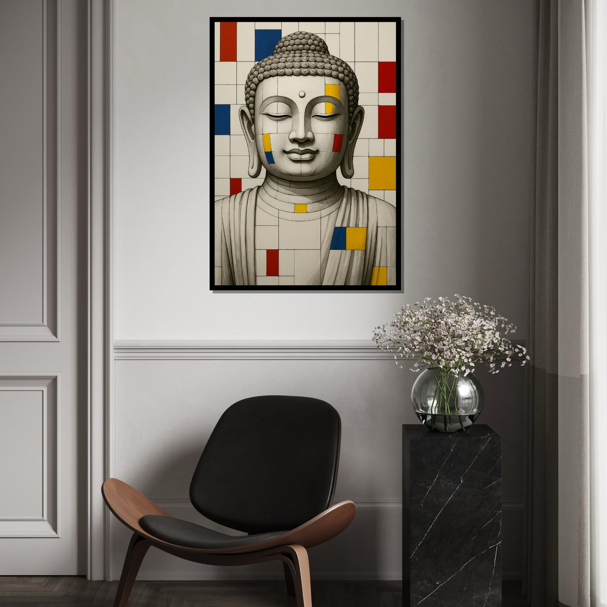 Buddha Canvas Art, Mondrian Style Buddha, Color Block Art, Wall Art Canvas Design, Zen Decor, Ready To Hang Decoration