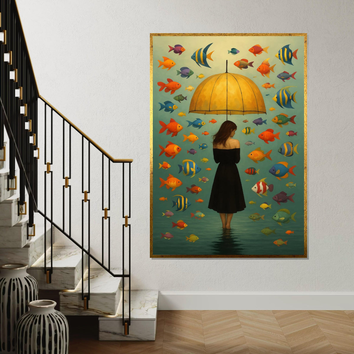 Umbrella Lady Canvas, Colorful Fish Wall Art, Surreal Ocean Canvas, Wall Art Canvas Design, Ready To Hang Decoration