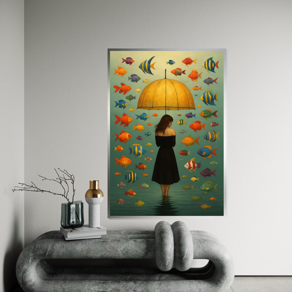 Umbrella Lady Canvas, Colorful Fish Wall Art, Surreal Ocean Canvas, Wall Art Canvas Design, Ready To Hang Decoration