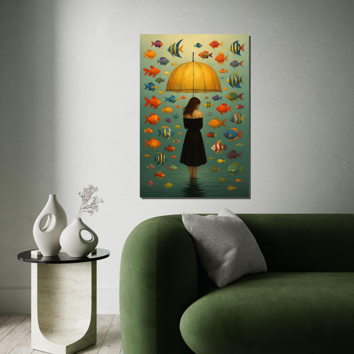 Umbrella Lady Canvas, Colorful Fish Wall Art, Surreal Ocean Canvas, Wall Art Canvas Design, Ready To Hang Decoration
