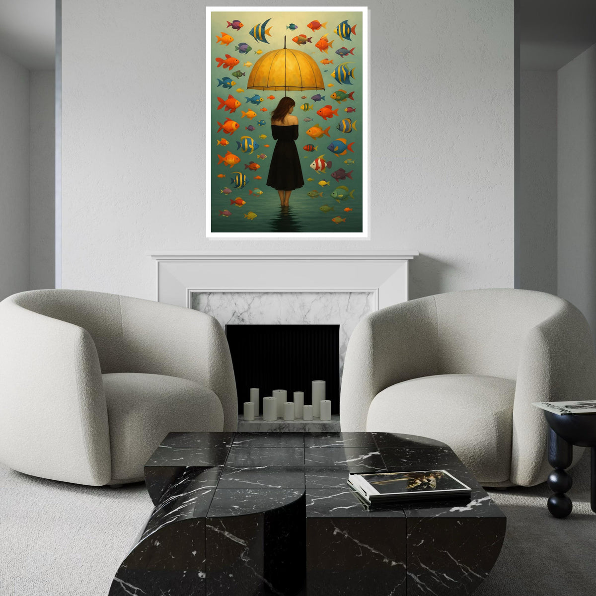 Umbrella Lady Canvas, Colorful Fish Wall Art, Surreal Ocean Canvas, Wall Art Canvas Design, Ready To Hang Decoration