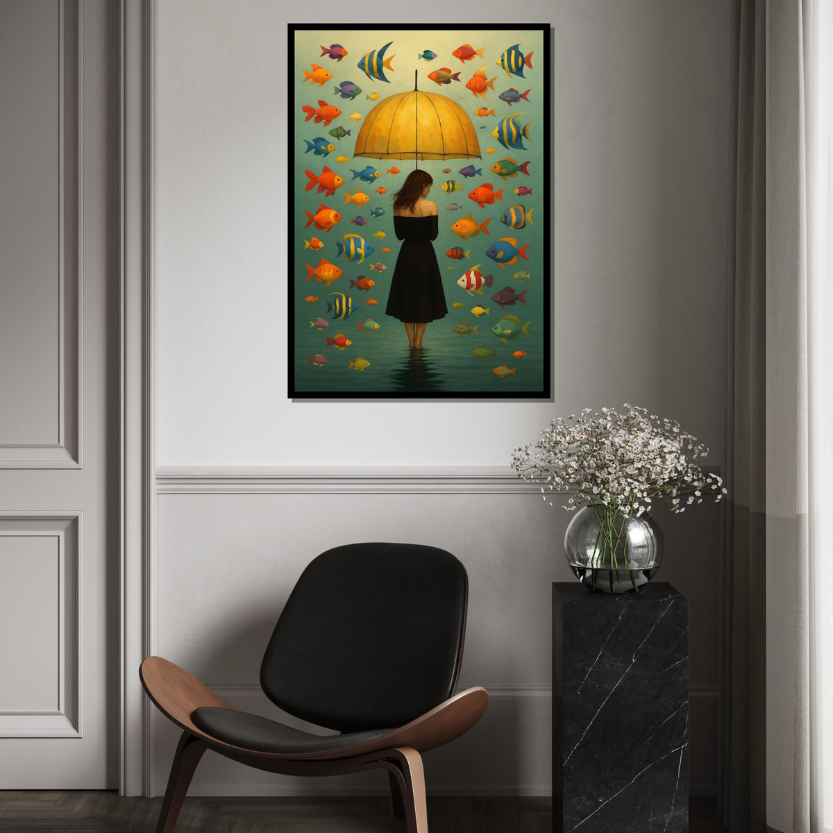 Umbrella Lady Canvas, Colorful Fish Wall Art, Surreal Ocean Canvas, Wall Art Canvas Design, Ready To Hang Decoration