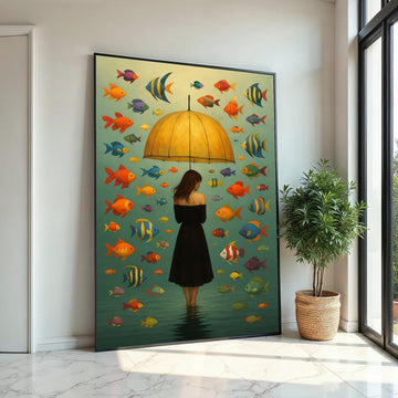Umbrella Lady Canvas, Colorful Fish Wall Art, Surreal Ocean Canvas, Wall Art Canvas Design, Ready To Hang Decoration