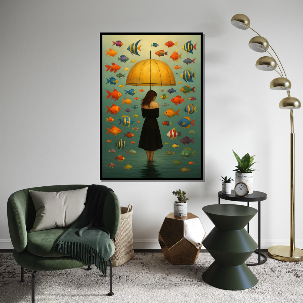 Umbrella Lady Canvas, Colorful Fish Wall Art, Surreal Ocean Canvas, Wall Art Canvas Design, Ready To Hang Decoration