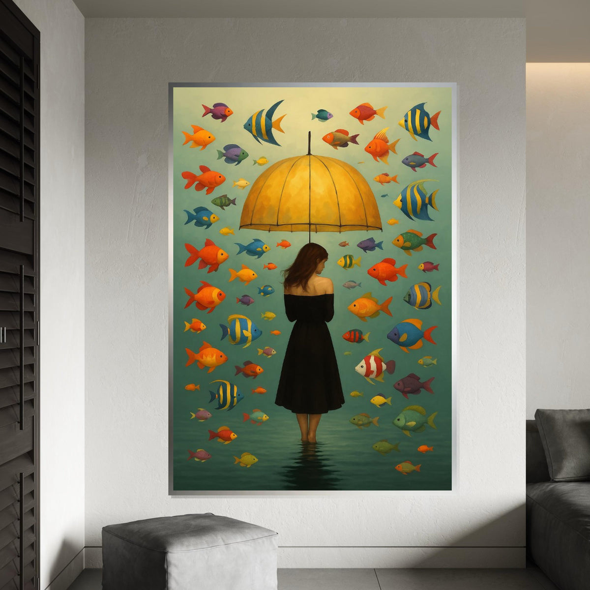 Umbrella Lady Canvas, Colorful Fish Wall Art, Surreal Ocean Canvas, Wall Art Canvas Design, Ready To Hang Decoration