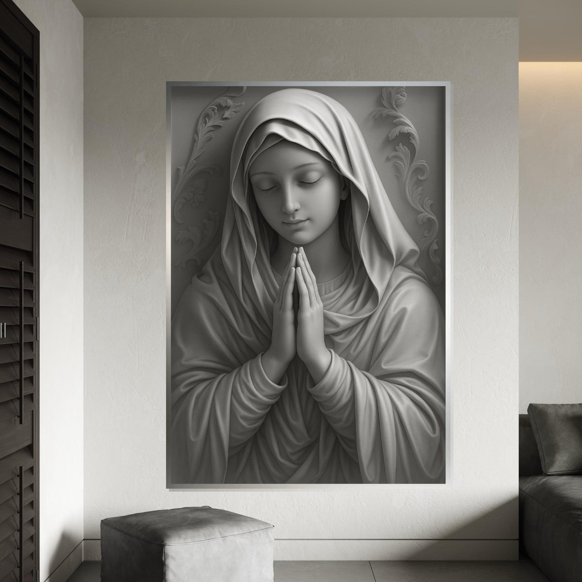 Virgin Mary Canvas Wall Art,Religious Art Print,Monochrome Mary Poster,Holy Mother Wall Decor,Catholic CanvasDesign,Ready To Hang Decoration