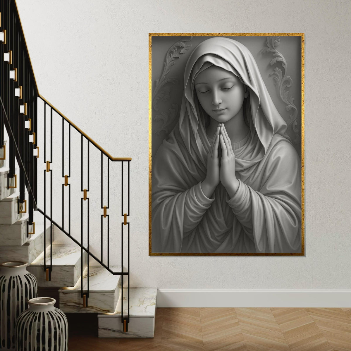 Virgin Mary Canvas Wall Art,Religious Art Print,Monochrome Mary Poster,Holy Mother Wall Decor,Catholic CanvasDesign,Ready To Hang Decoration