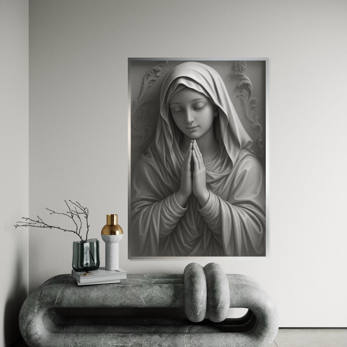Virgin Mary Canvas Wall Art,Religious Art Print,Monochrome Mary Poster,Holy Mother Wall Decor,Catholic CanvasDesign,Ready To Hang Decoration