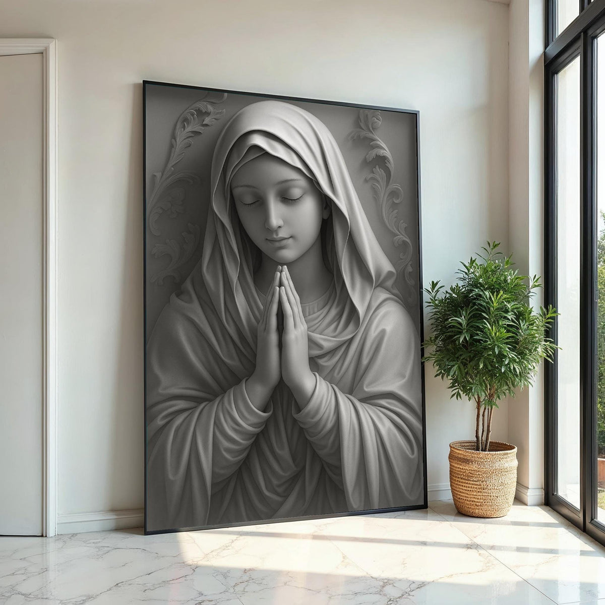 Virgin Mary Canvas Wall Art,Religious Art Print,Monochrome Mary Poster,Holy Mother Wall Decor,Catholic CanvasDesign,Ready To Hang Decoration
