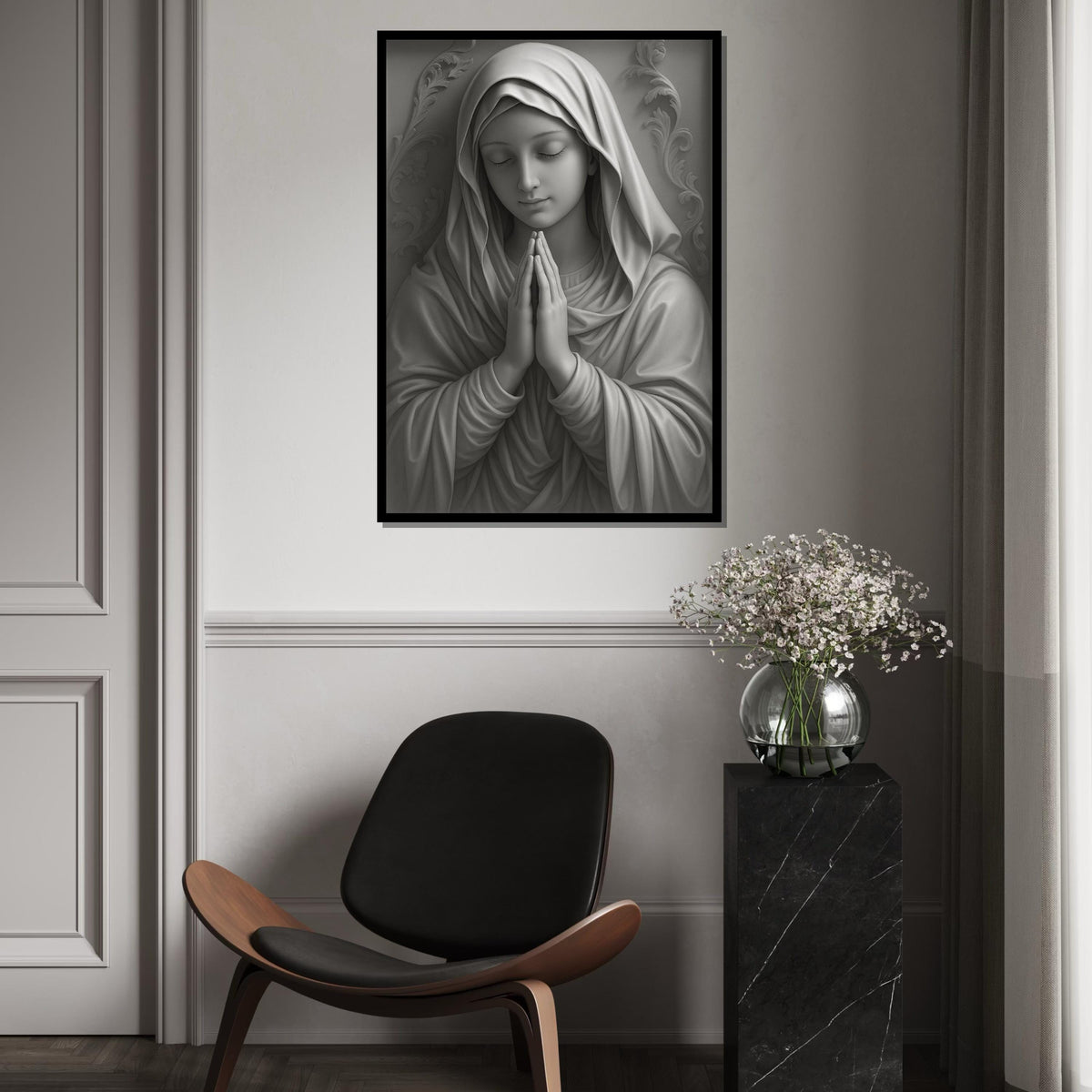 Virgin Mary Canvas Wall Art,Religious Art Print,Monochrome Mary Poster,Holy Mother Wall Decor,Catholic CanvasDesign,Ready To Hang Decoration