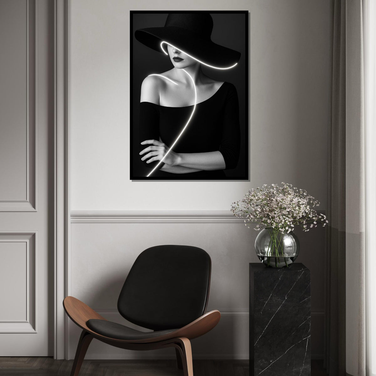 Glamour Noir Woman Canvas, Black and White Art, Modern Fashion Wall Art, Elegant Lady Poster, Wall Art Canvas Design, Ready to Hang Decor