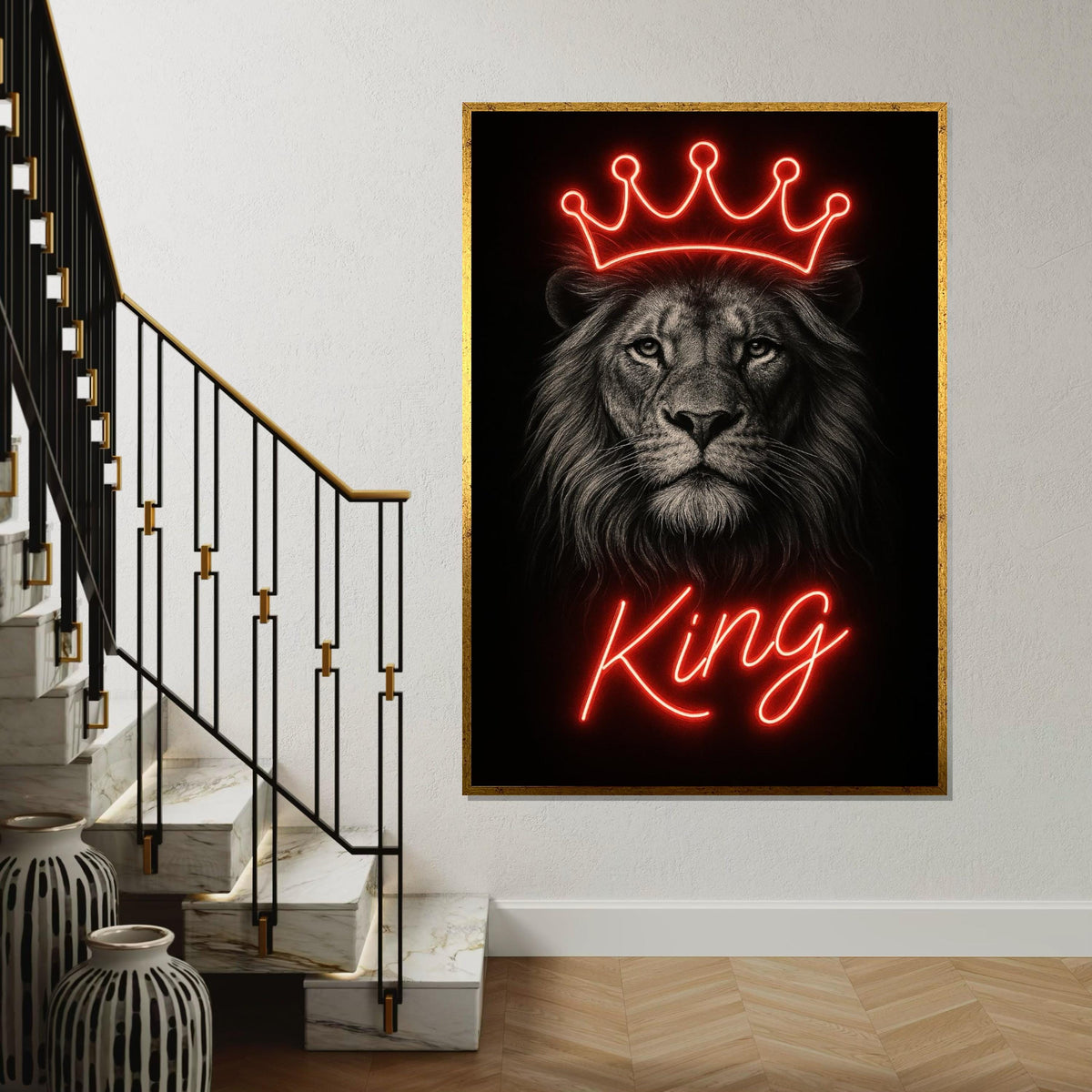 Neon Crowned Lion, King Lion Canvas, Regal Animal Wall Art, Lion Canvas Design, Wall Art Canvas, Ready To Hang Decoration