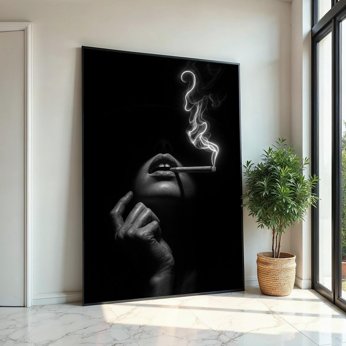 Chic Smoky Elegance Canvas, Mysterious Woman Smoking Art, Monochrome Wall Art Canvas Design, Ready to Hang Modern Decor