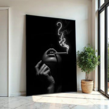 Chic Smoky Elegance Canvas, Mysterious Woman Smoking Art, Monochrome Wall Art Canvas Design, Ready to Hang Modern Decor