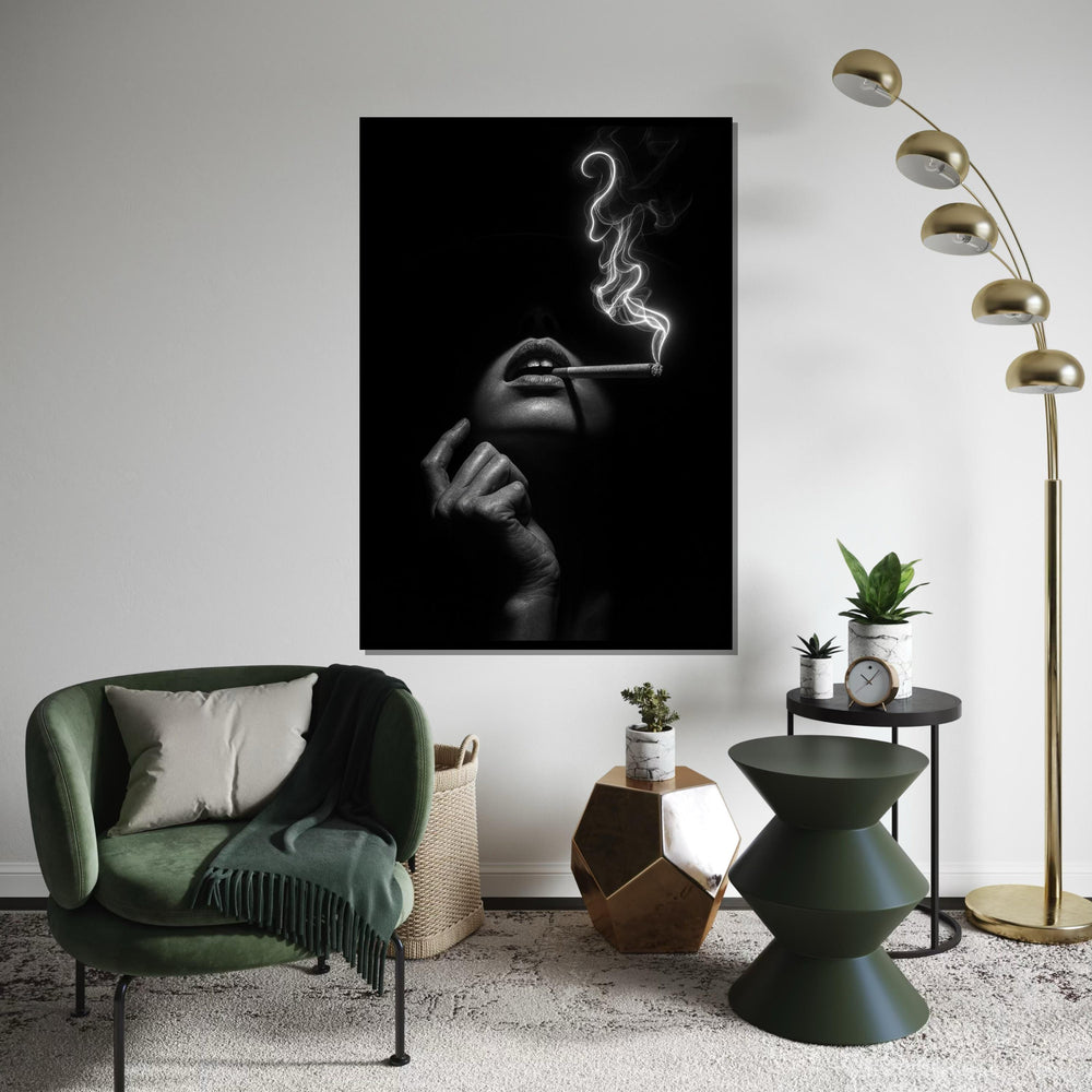 Chic Smoky Elegance Canvas, Mysterious Woman Smoking Art, Woman Wall Print, Monochrome Wall Art Canvas Design, Ready to Hang Modern Decor