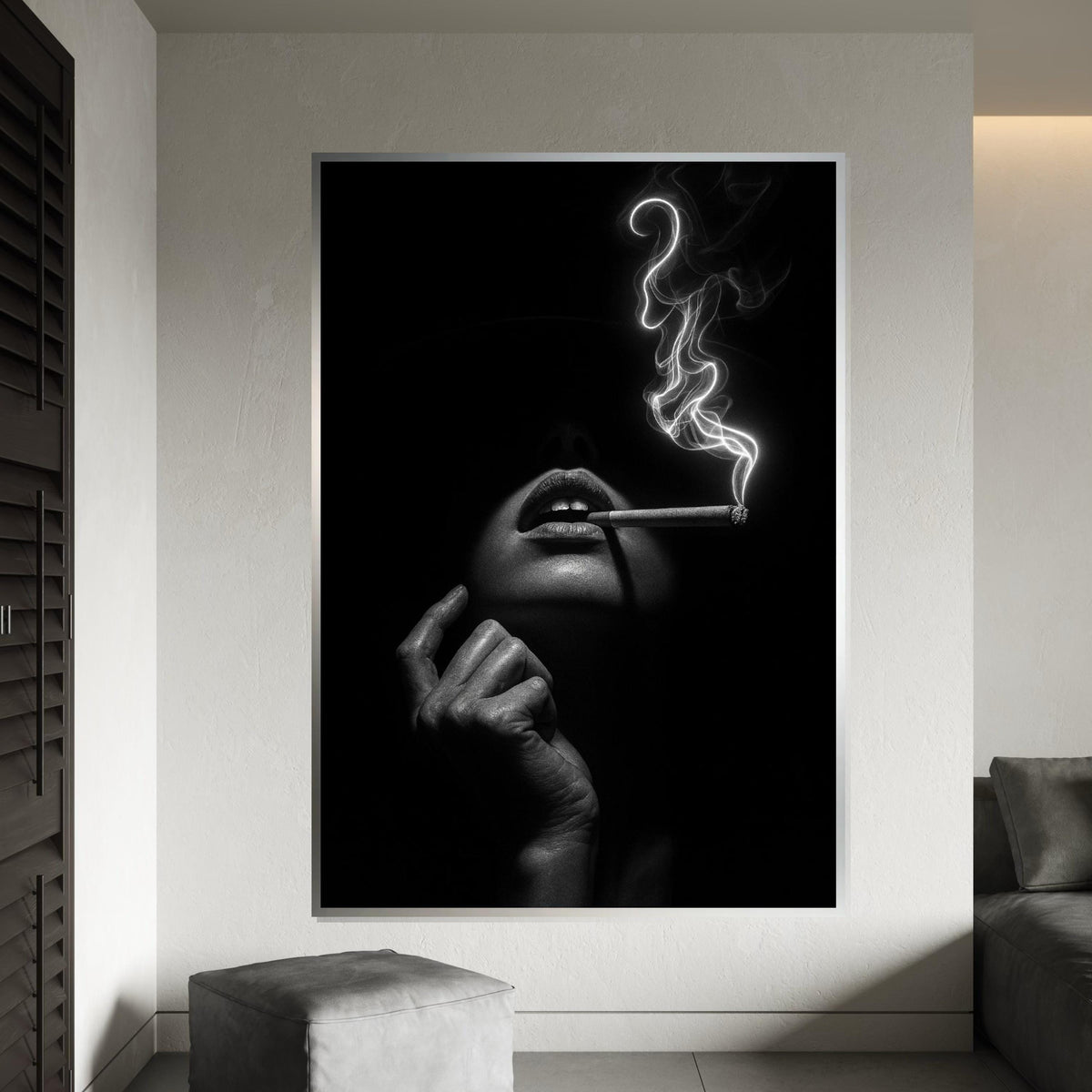 Chic Smoky Elegance Canvas, Mysterious Woman Smoking Art, Monochrome Wall Art Canvas Design, Ready to Hang Modern Decor