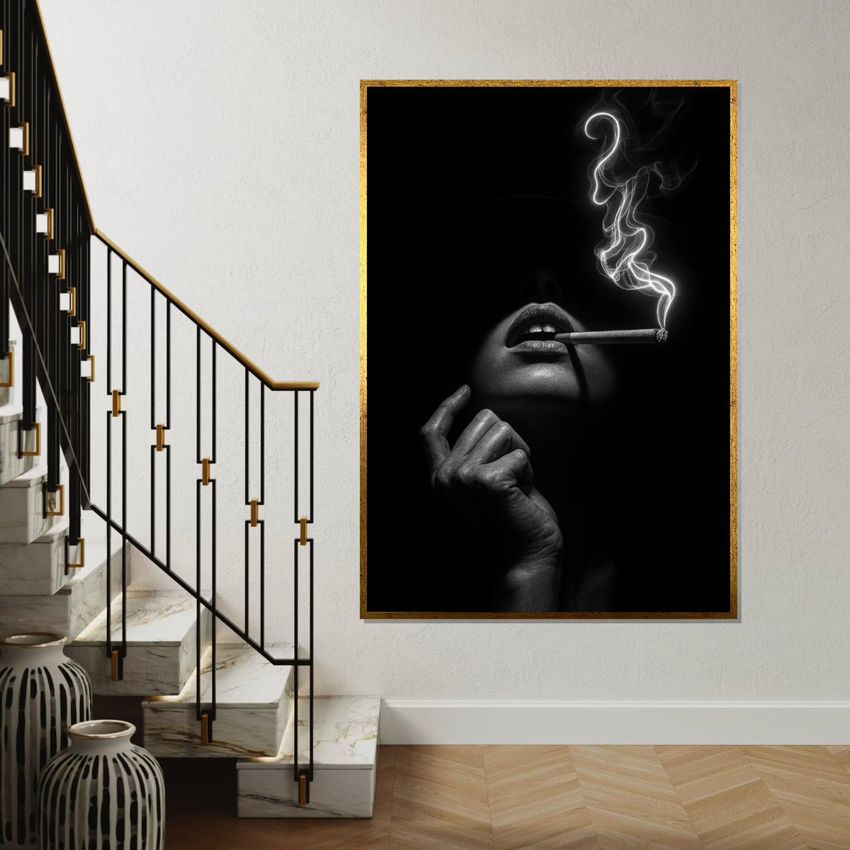 Chic Smoky Elegance Canvas, Mysterious Woman Smoking Art, Monochrome Wall Art Canvas Design, Ready to Hang Modern Decor