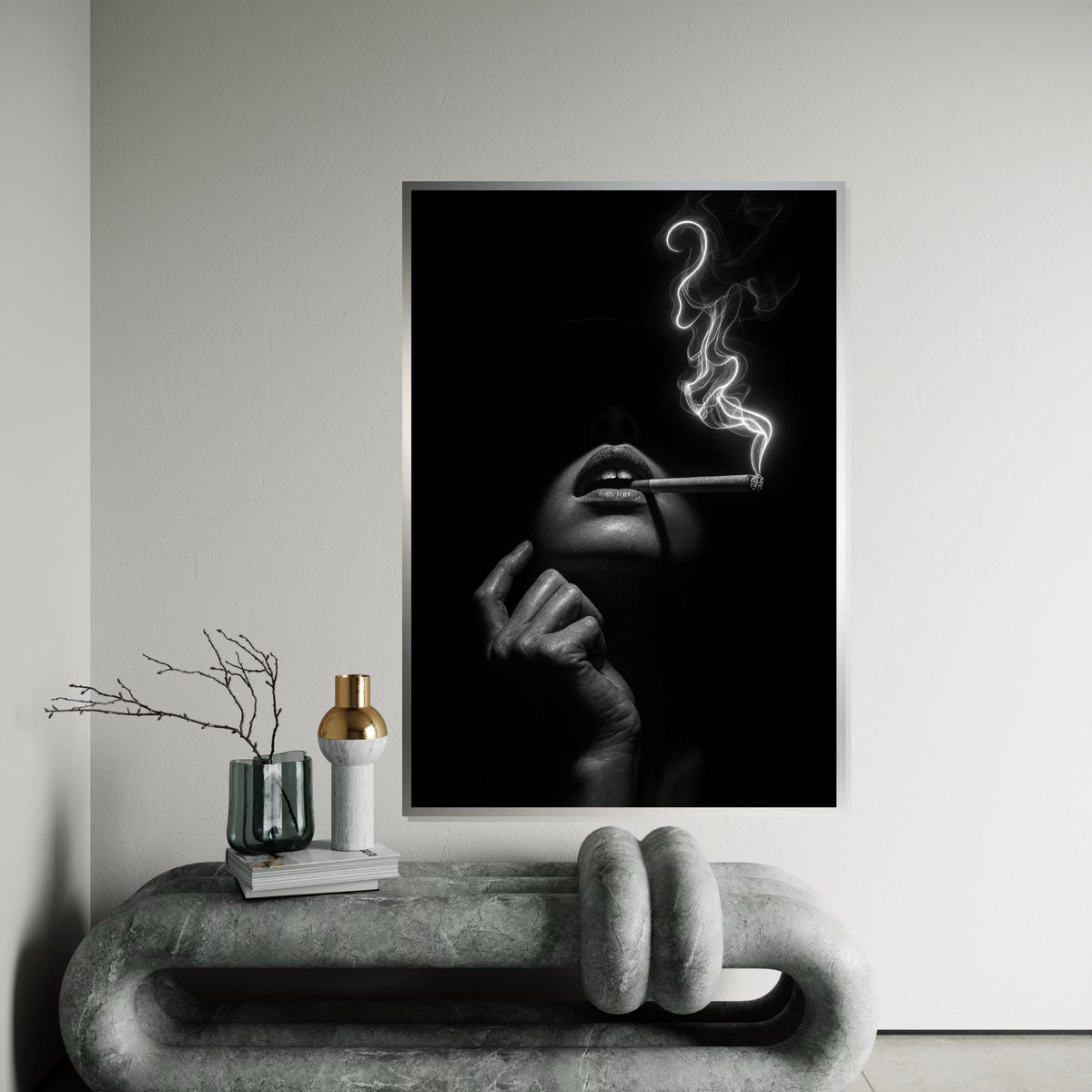 Chic Smoky Elegance Canvas, Mysterious Woman Smoking Art, Monochrome Wall Art Canvas Design, Ready to Hang Modern Decor