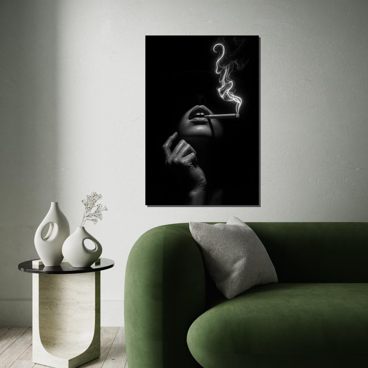 Chic Smoky Elegance Canvas, Mysterious Woman Smoking Art, Monochrome Wall Art Canvas Design, Ready to Hang Modern Decor