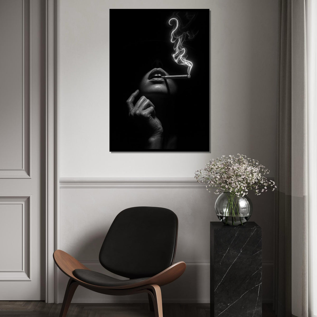 Chic Smoky Elegance Canvas, Mysterious Woman Smoking Art, Monochrome Wall Art Canvas Design, Ready to Hang Modern Decor