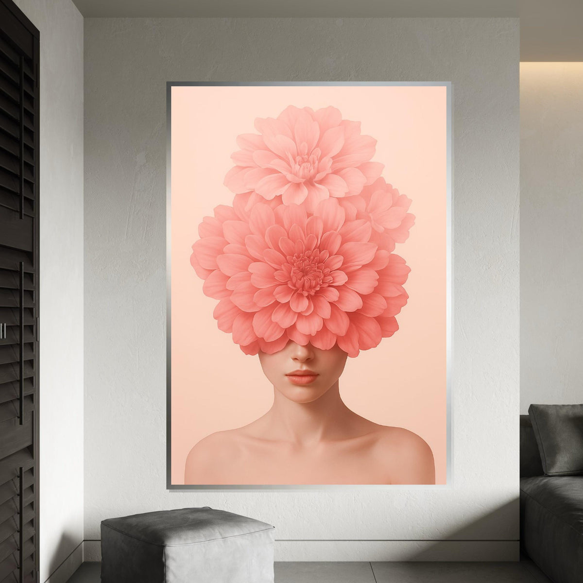 Floral Visage Canvas, Blossom Head Art, Pink Flower Girl, Wall Art Canvas Design, Elegant Home Decor, Ready To Hang Decoration