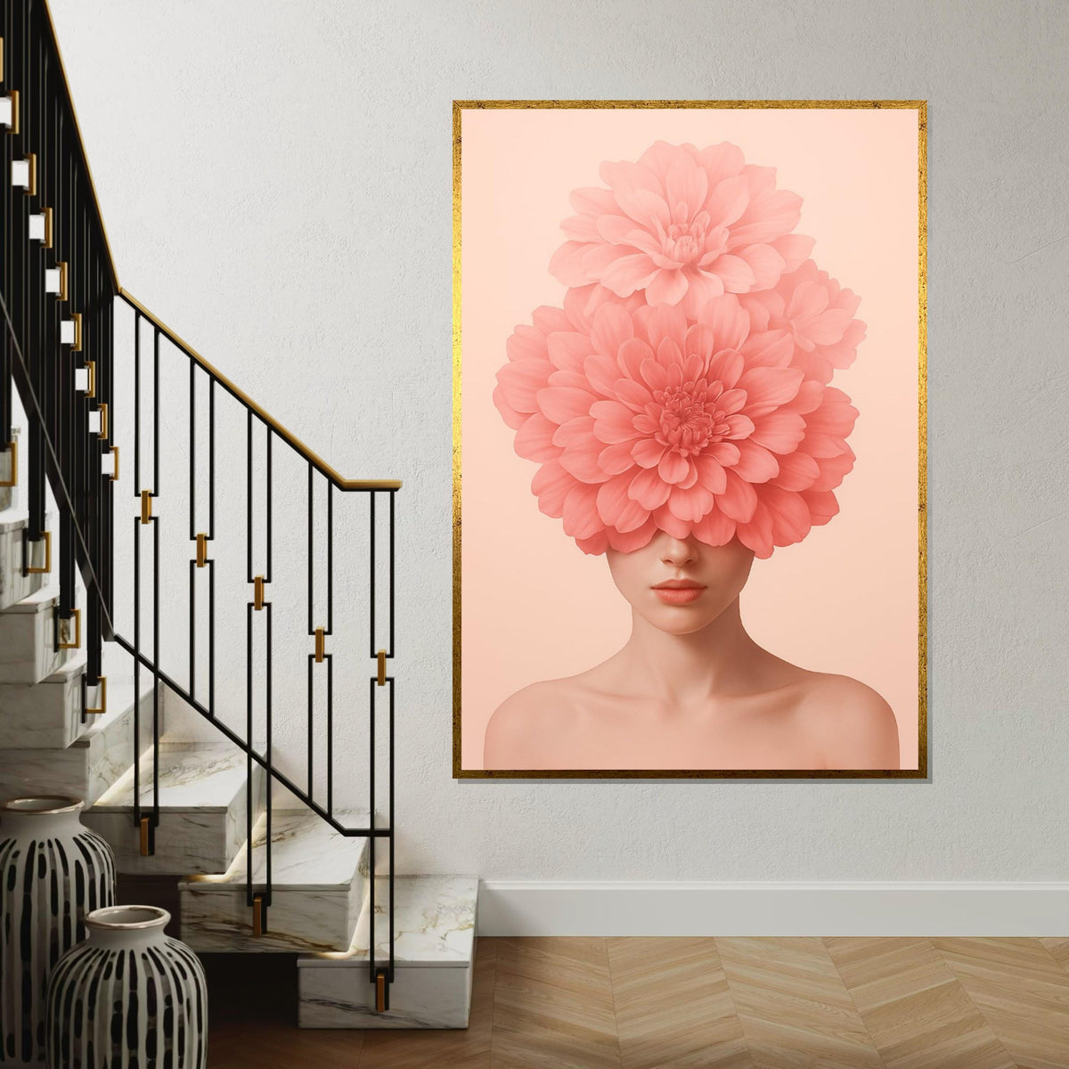 Floral Visage Canvas, Blossom Head Art, Pink Flower Girl, Wall Art Canvas Design, Elegant Home Decor, Ready To Hang Decoration
