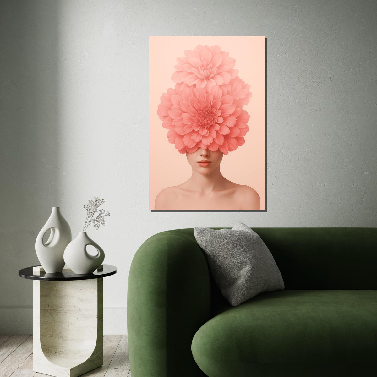 Floral Visage Canvas, Blossom Head Art, Pink Flower Girl, Wall Art Canvas Design, Elegant Home Decor, Ready To Hang Decoration