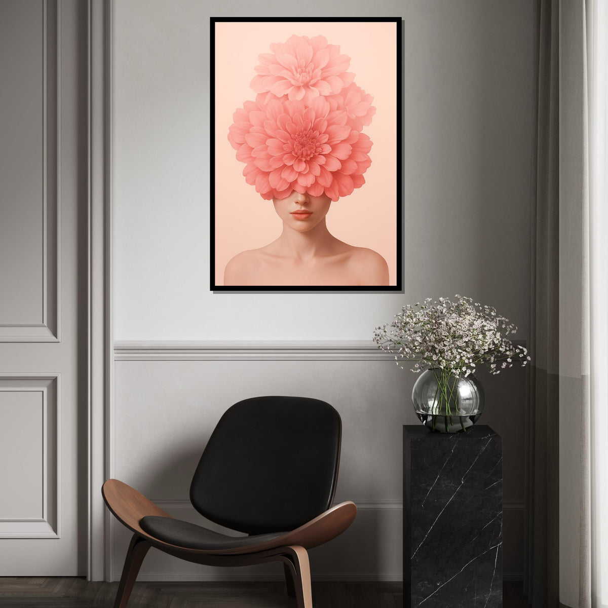 Floral Visage Canvas, Blossom Head Art, Pink Flower Girl, Wall Art Canvas Design, Elegant Home Decor, Ready To Hang Decoration