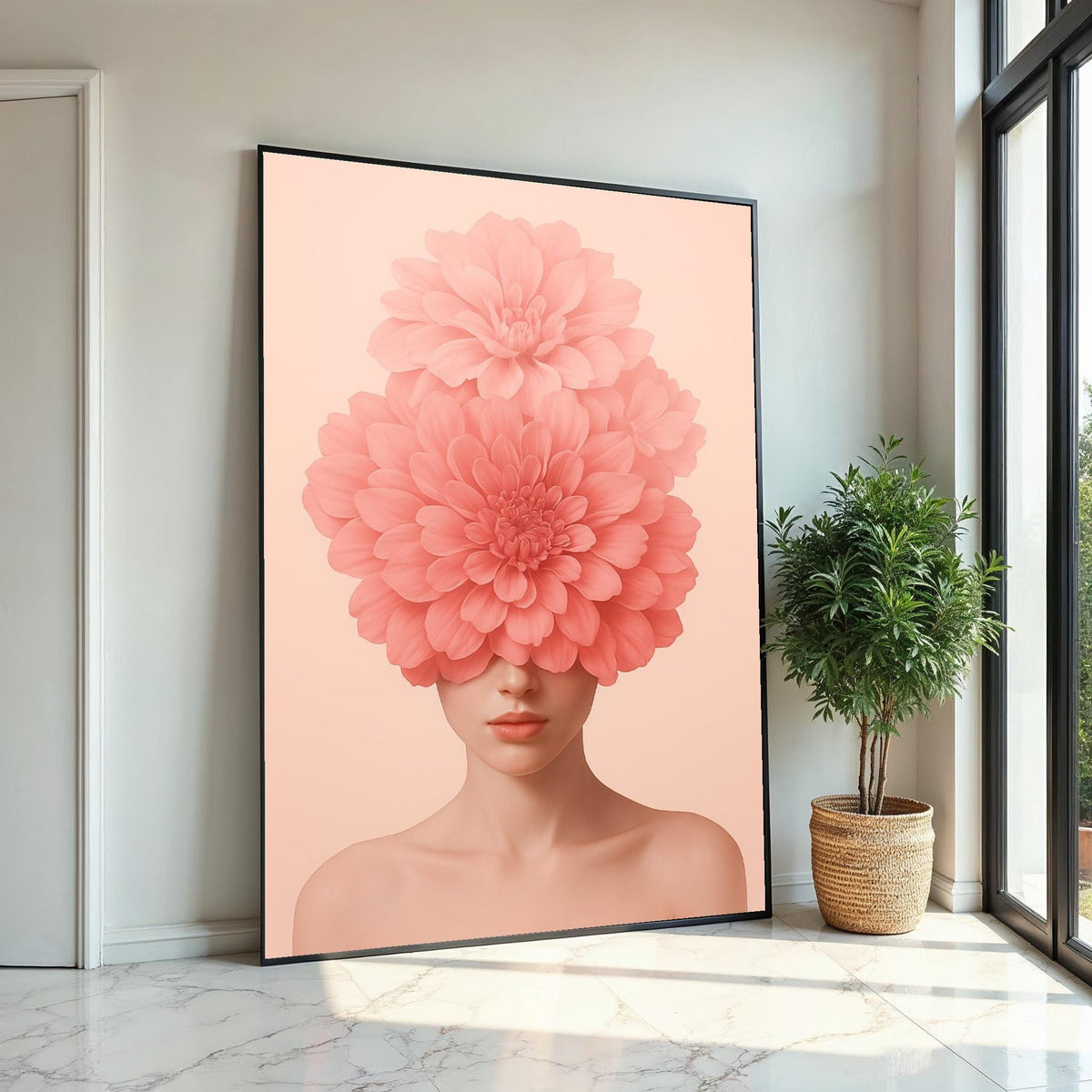 Floral Visage Canvas, Blossom Head Art, Pink Flower Girl, Wall Art Canvas Design, Elegant Home Decor, Ready To Hang Decoration
