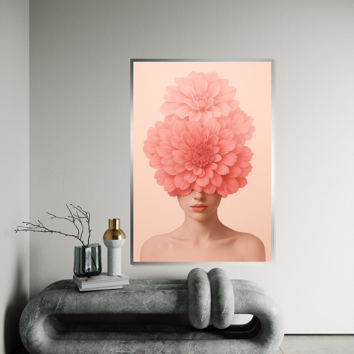 Floral Visage Canvas, Blossom Head Art, Pink Flower Girl, Wall Art Canvas Design, Elegant Home Decor, Ready To Hang Decoration