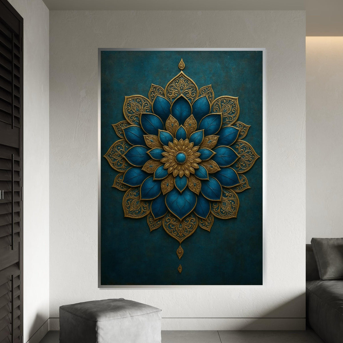 Gold Blue Mandala Canvas Art, Intricate Mandala Wall Print, Boho Style, Decorative Wall Art Canvas Design, Ready to Hang Decoration