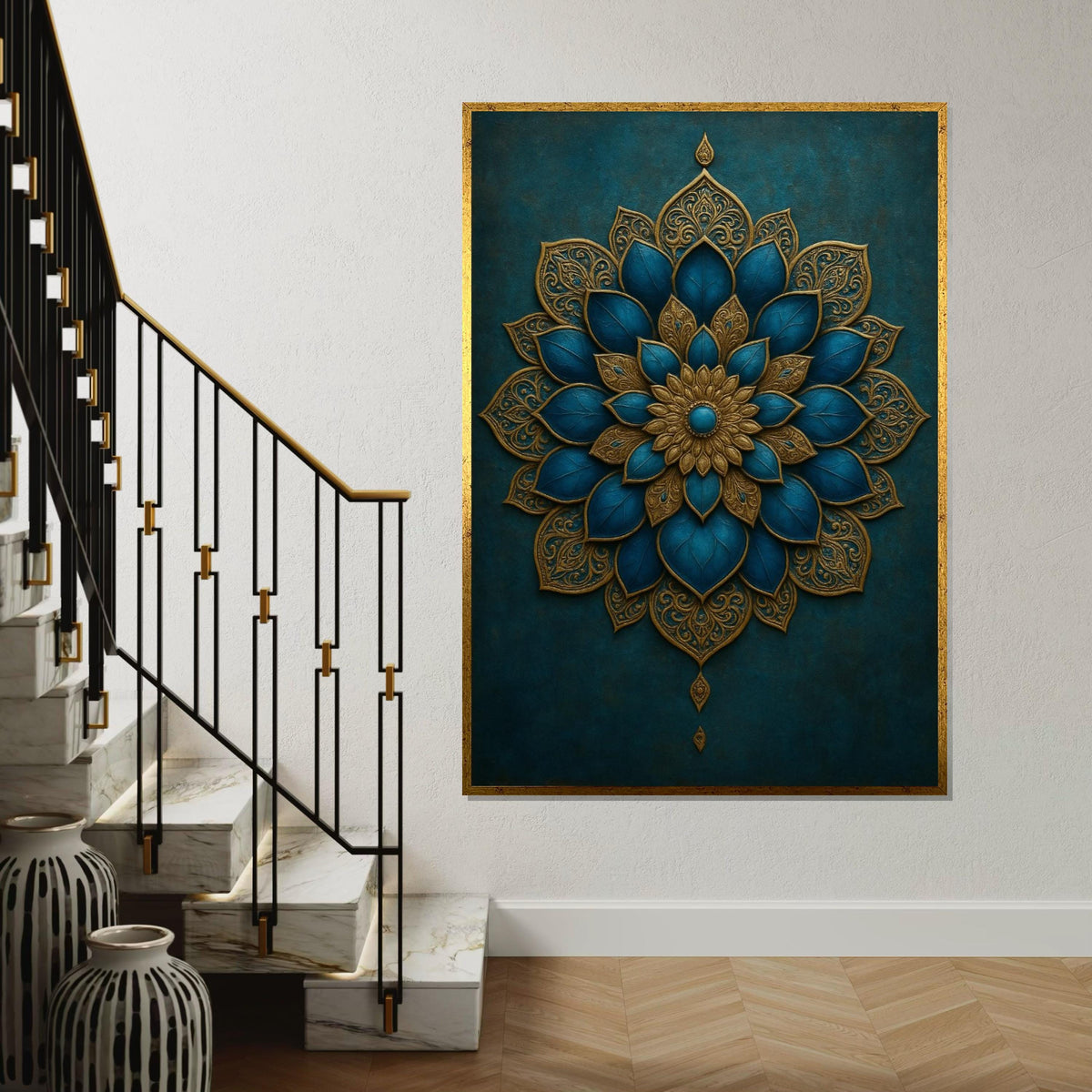 Gold Blue Mandala Canvas Art, Intricate Mandala Wall Print, Boho Style, Decorative Wall Art Canvas Design, Ready to Hang Decoration