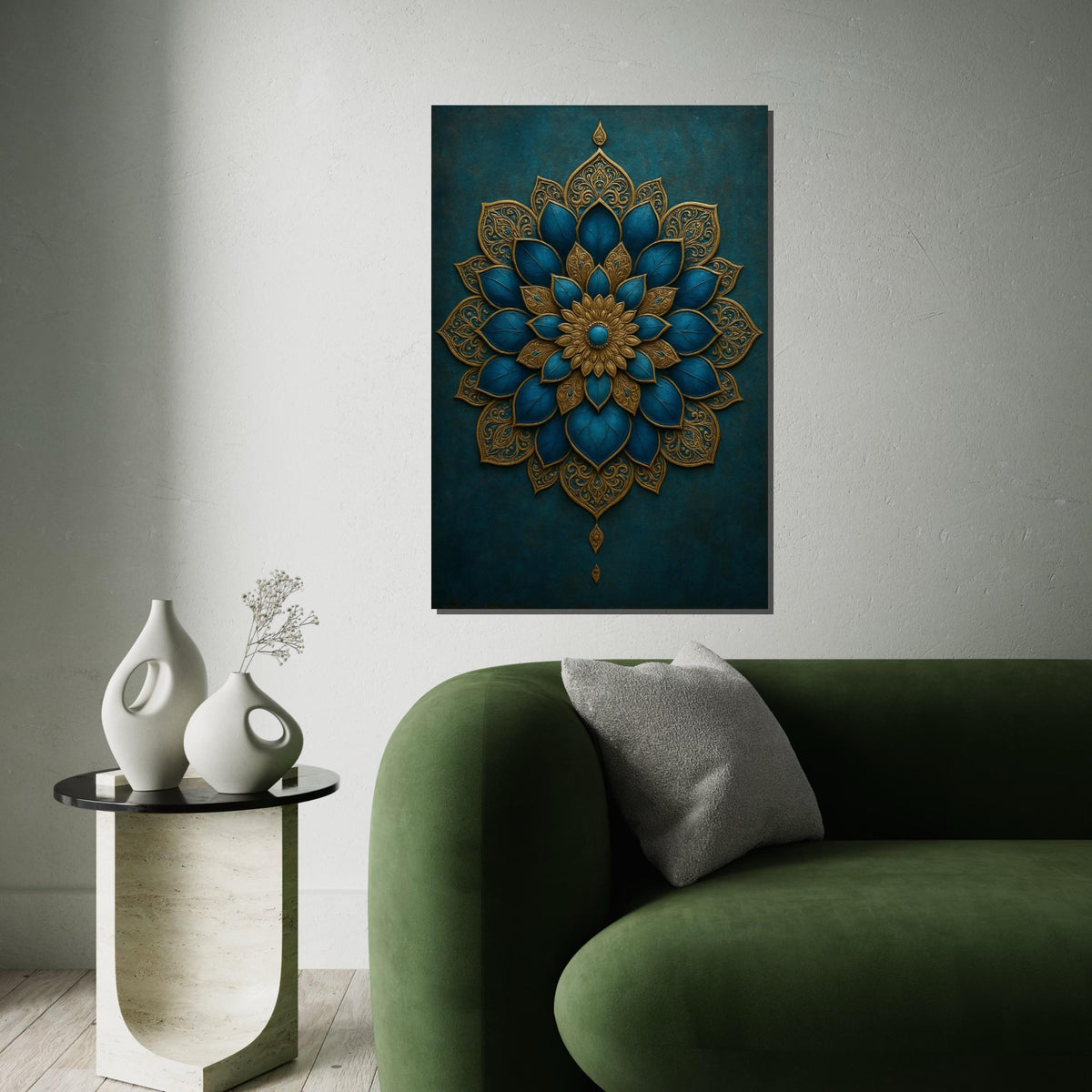 Gold Blue Mandala Canvas Art, Intricate Mandala Wall Print, Boho Style, Decorative Wall Art Canvas Design, Ready to Hang Decoration
