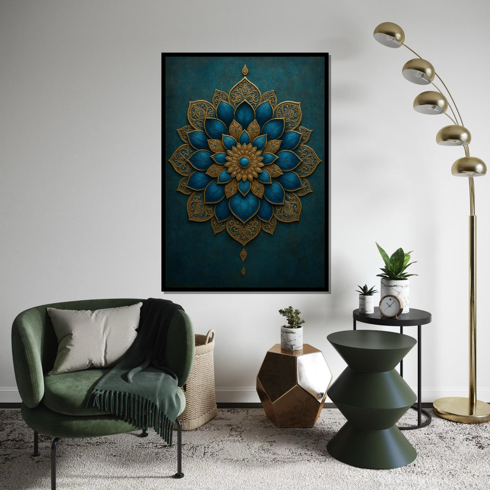 Gold Blue Mandala Canvas Art, Intricate Mandala Wall Print, Boho Style, Decorative Wall Art Canvas Design, Ready to Hang Decoration