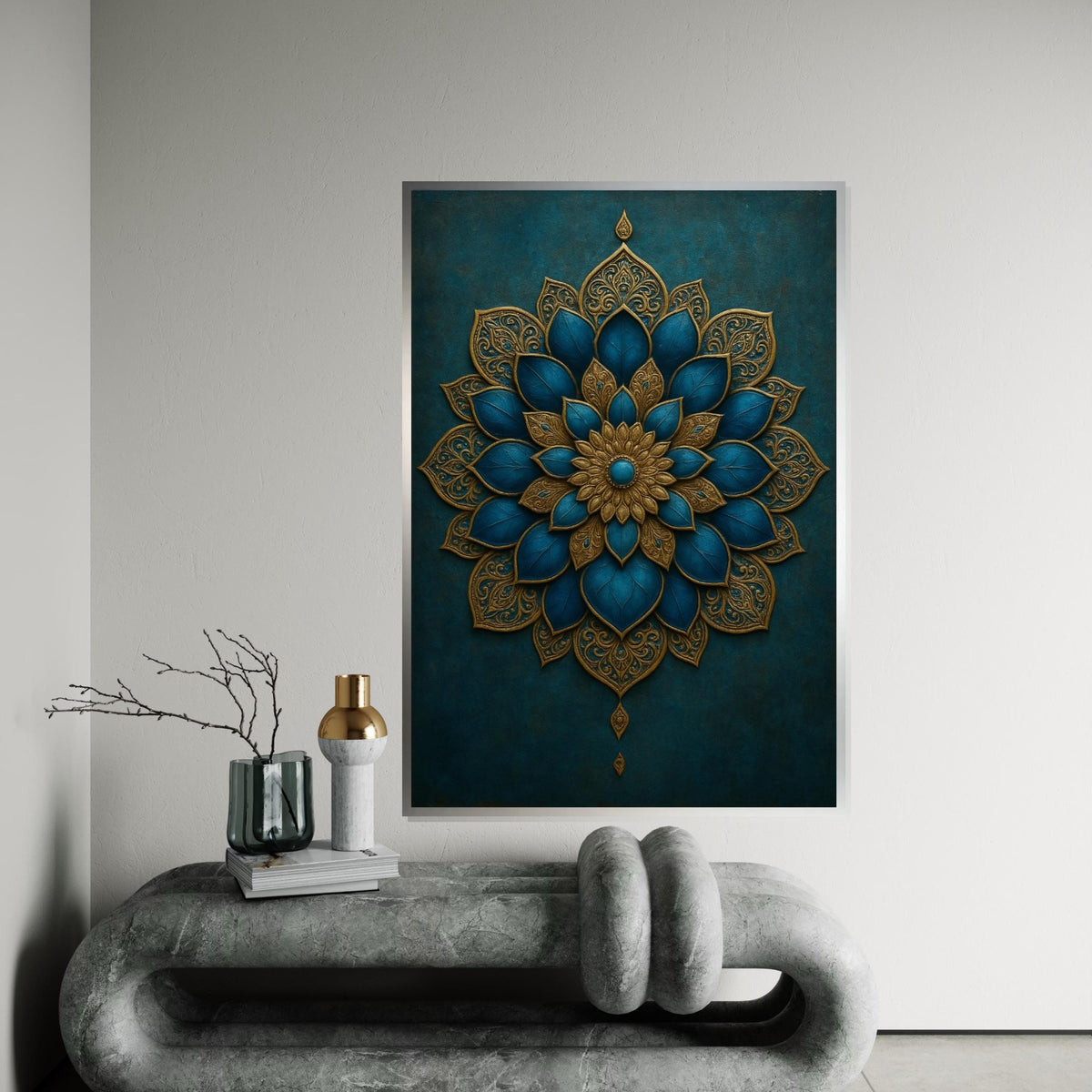 Gold Blue Mandala Canvas Art, Intricate Mandala Wall Print, Boho Style, Decorative Wall Art Canvas Design, Ready to Hang Decoration