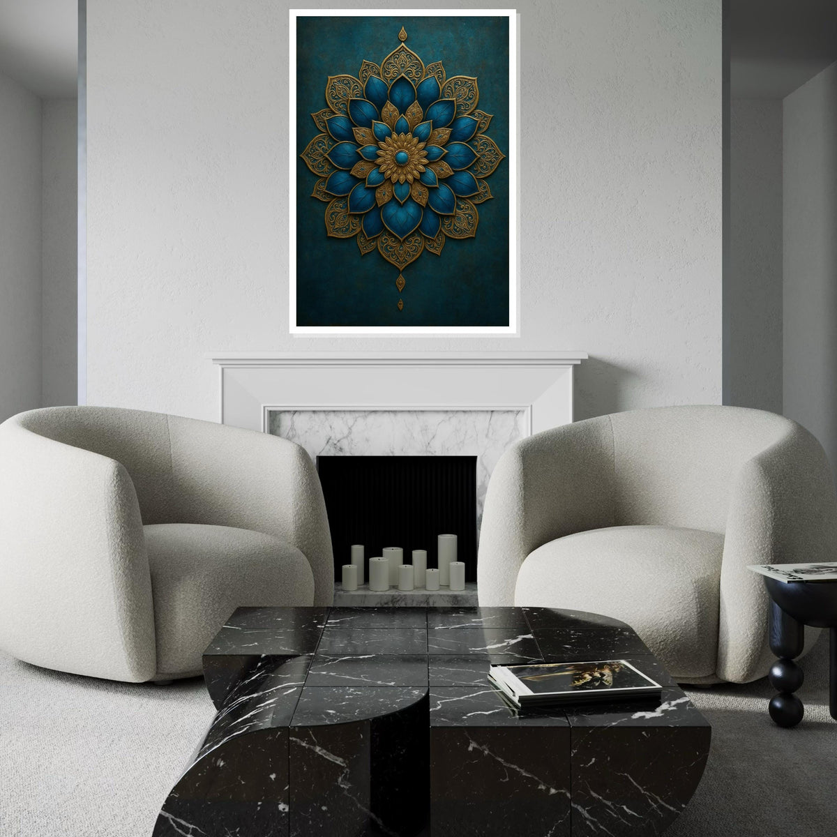 Gold Blue Mandala Canvas Art, Intricate Mandala Wall Print, Boho Style, Decorative Wall Art Canvas Design, Ready to Hang Decoration