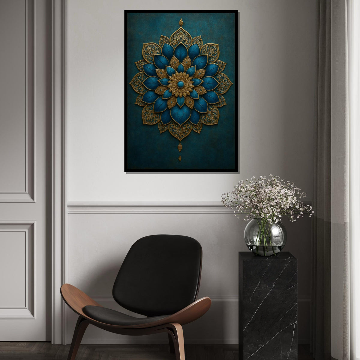 Gold Blue Mandala Canvas Art, Intricate Mandala Wall Print, Boho Style, Decorative Wall Art Canvas Design, Ready to Hang Decoration