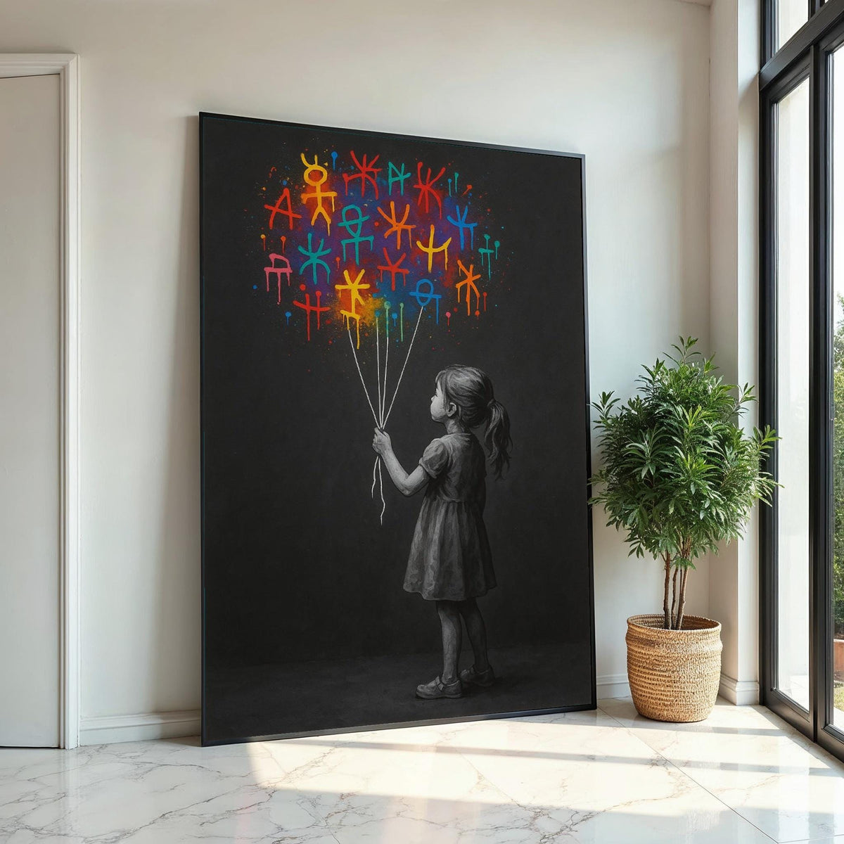 Child with Graffiti Balloons, Vibrant Street Art, Modern Canvas, Graffiti Wall Art, Canvas Design, Ready To Hang Home Decoration