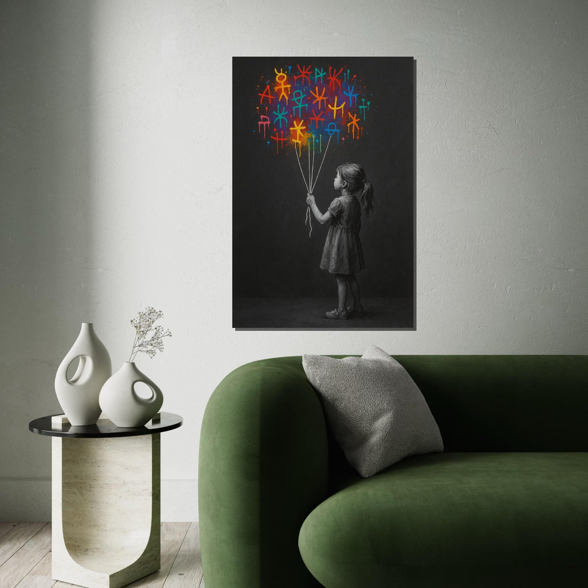 Child with Graffiti Balloons, Vibrant Street Art, Modern Canvas, Graffiti Wall Art, Canvas Design, Ready To Hang Home Decoration