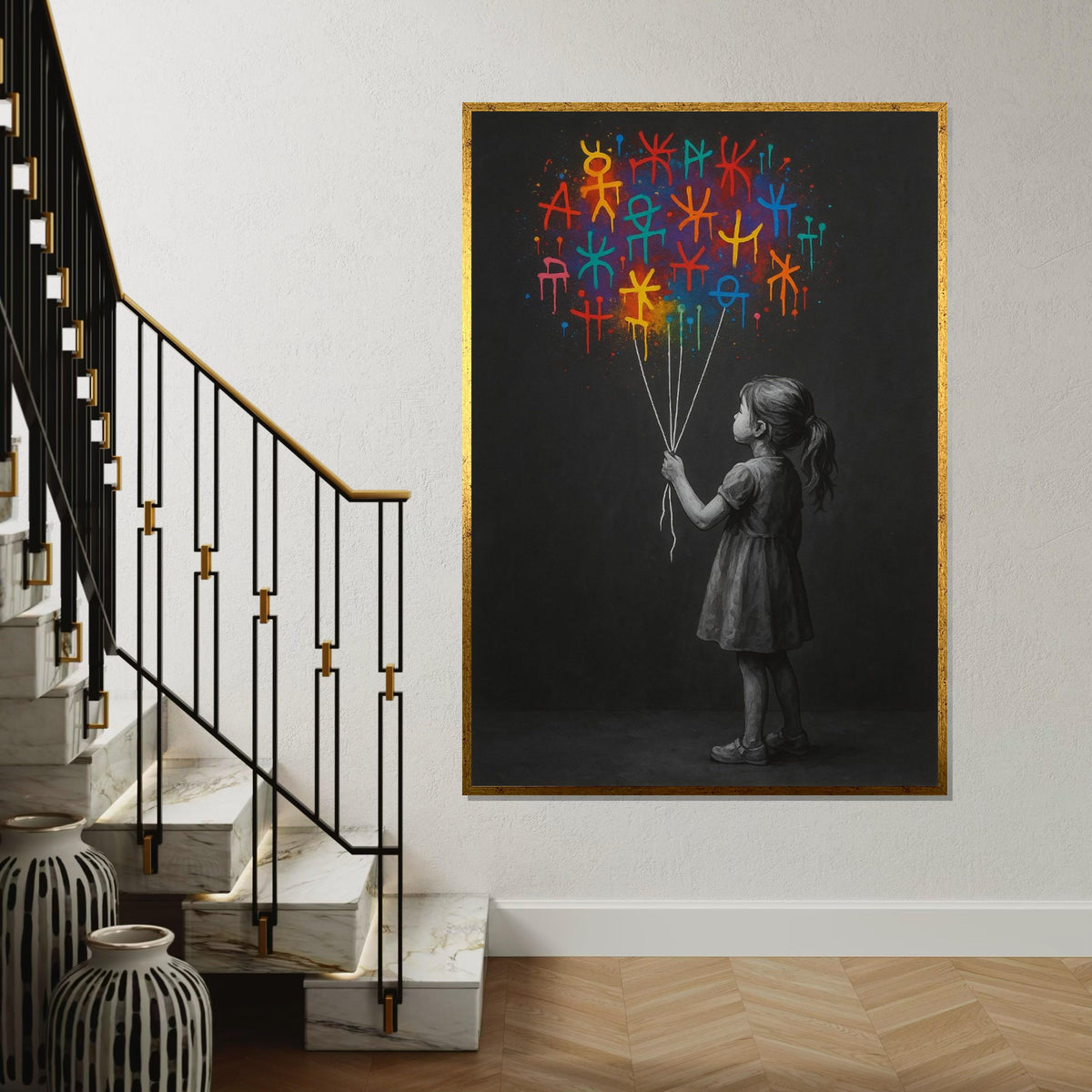 Child with Graffiti Balloons, Vibrant Street Art, Modern Canvas, Graffiti Wall Art, Canvas Design, Ready To Hang Home Decoration