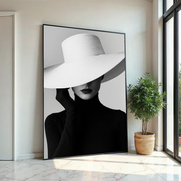 Chic Hat Lady Canvas, Elegant Fashion Art, Monochrome Wall Print, Wall Art Canvas Design, Ready to Hang Decoration