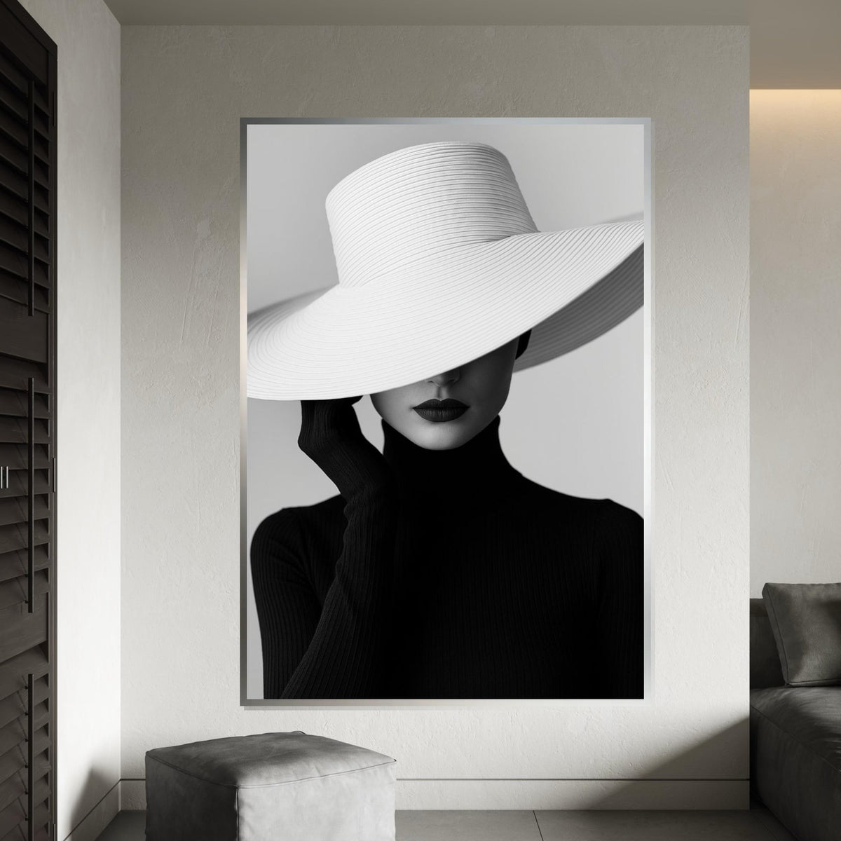 Chic Hat Lady Canvas, Elegant Fashion Art, Monochrome Wall Print, Wall Art Canvas Design, Ready to Hang Decoration